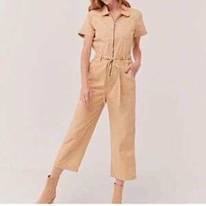 Pact Boulevard Brushed Twill Jumpsuit Tan Organic Cotton XS Zip Front